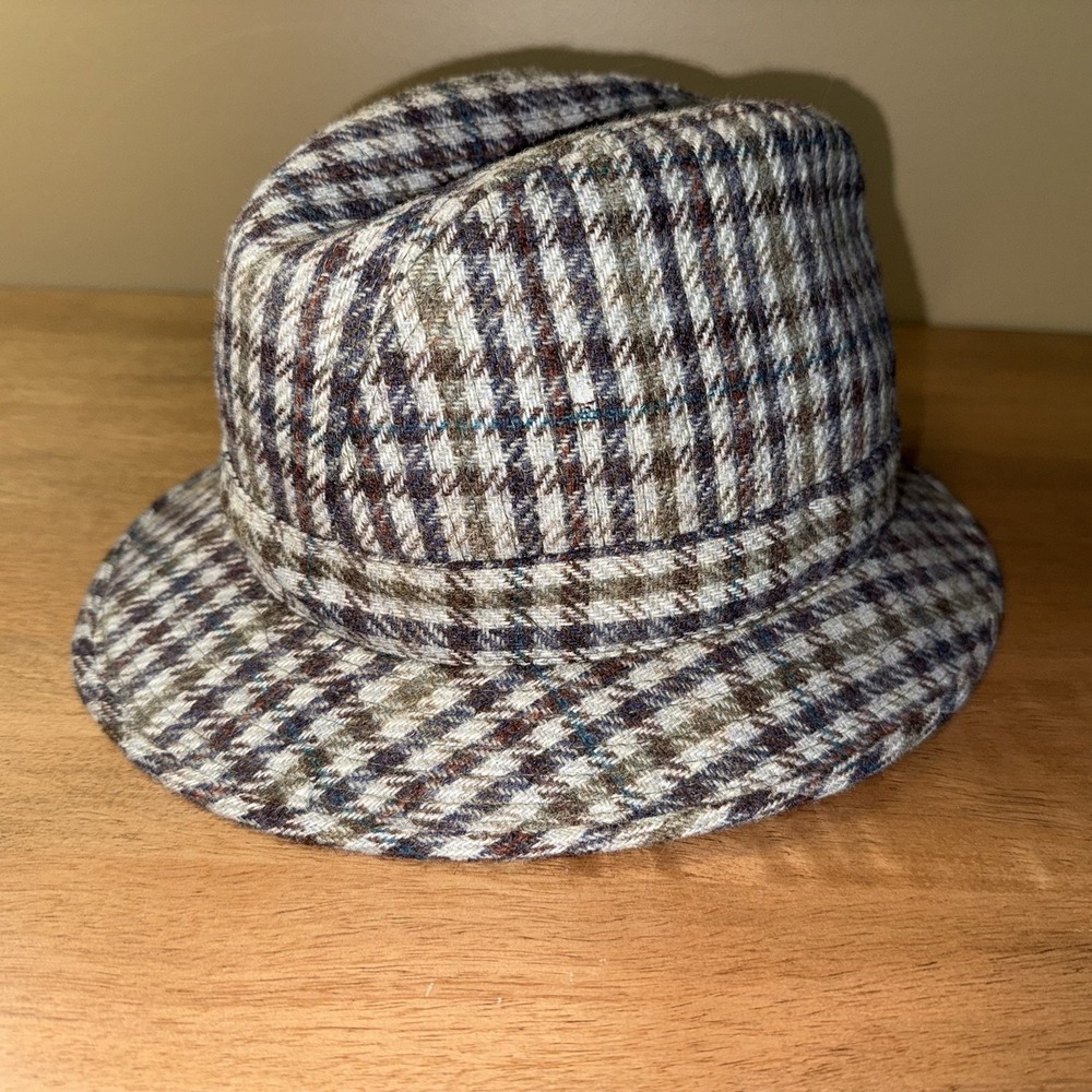 Barbour England Wool Fedora Hat Houndstooth Brown Blue D 566 Made in UK